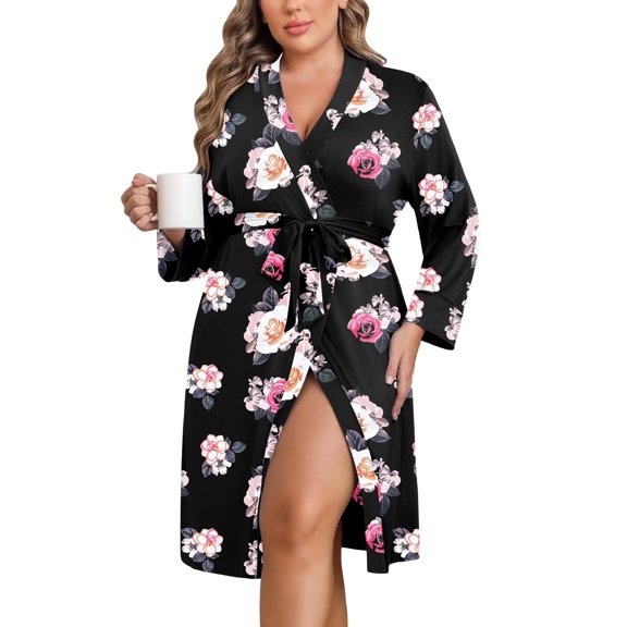Ekouaer Women Plus Size Robe Knee Length Lightweight Bathrobe Short Kimono Robes with Pockets Maternity Robe Black 3X
