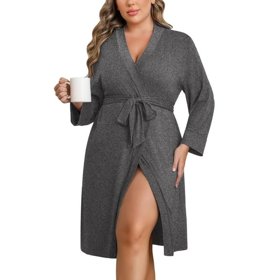 Ekouaer Women Plus Size Robe Knee Length Lightweight Bathrobe Short Kimono Robes with Pockets Maternity Robe Black 3X