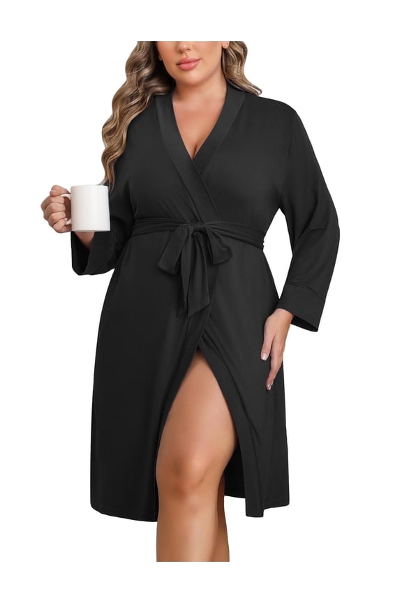 Women Plus Size Robe Knee Length Lightweight Bathrobe Short Kimono Robes with Pockets Maternity Robe