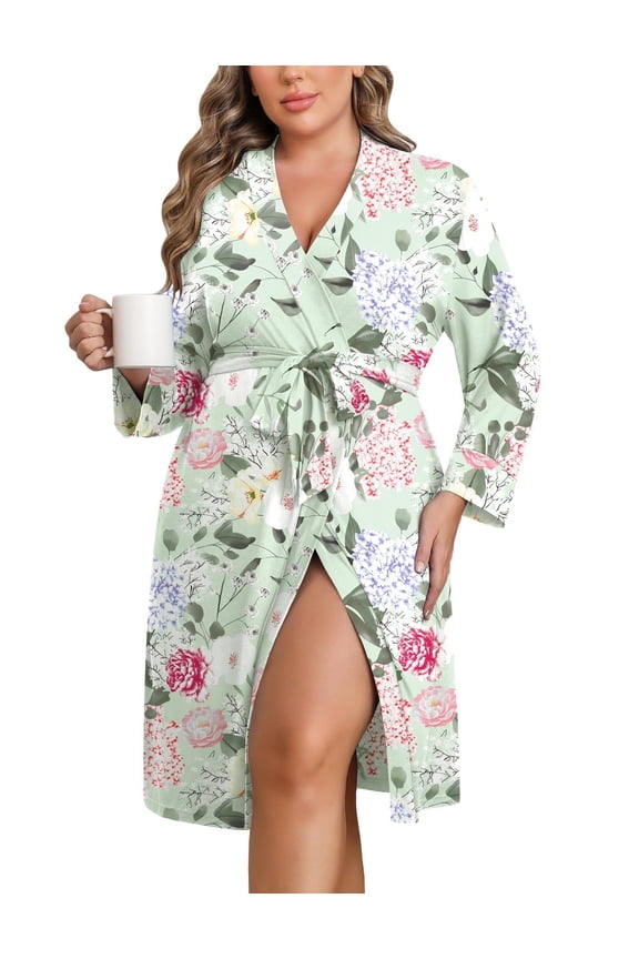Women Plus Size Robe Knee Length Lightweight Bathrobe Short Kimono Robes with Pockets Maternity Robe Flower 3X