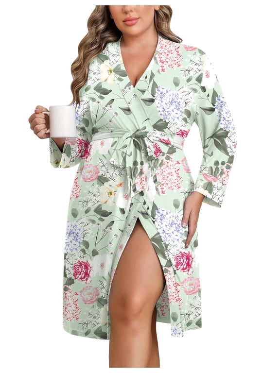 Women Plus Size Robe Knee Length Lightweight Bathrobe Short Kimono Robes with Pockets Maternity Robe