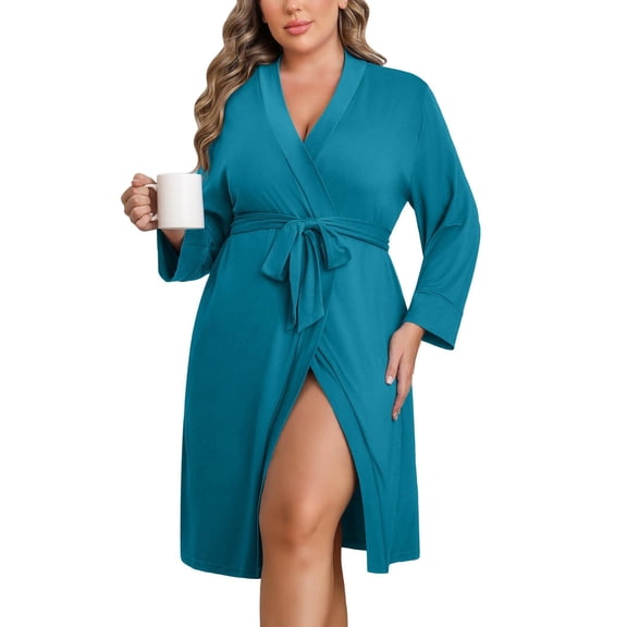 Ekouaer Women Plus Size Robe Knee Length Lightweight Bathrobe Short Kimono Robes with Pockets Maternity Robe