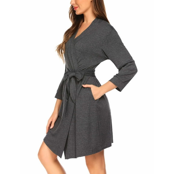 Ekouaer Women‘s Robes Lightweight 3/4 Sleeve Short Knit Bathrobe Soft Knee Length Sleepwear Robes with Pockets
