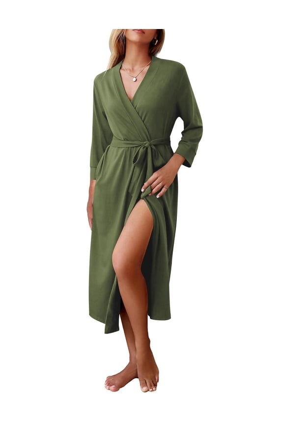 Women Robe Long Knit Bathrobe Lightweight Soft Summer kimono Robes Casual Loungewear with Attached belt