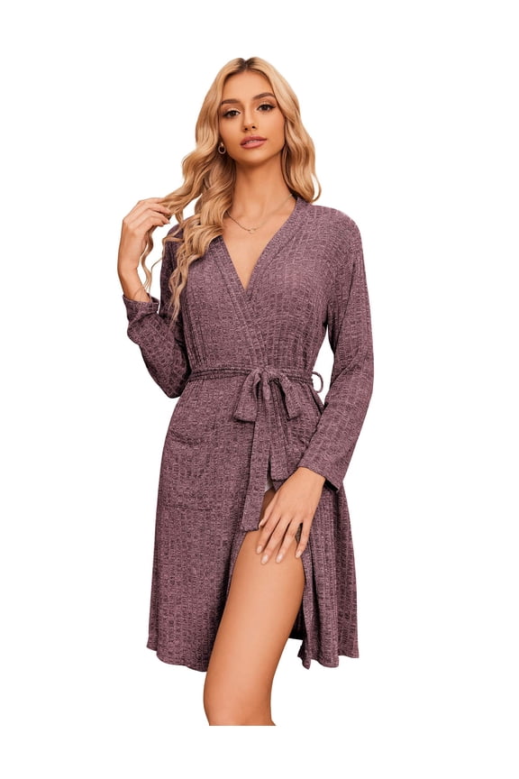 Women Robe Short Lightweight Bathrobe Ribbed Knit Soft Robes Long Sleeve Ladies Sleepwear with Pockets