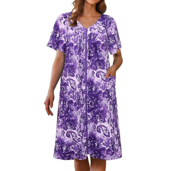 Ekouaer Robe for Women Short Zipper Floral Print Bathrobe Short Sleeve Pleated Neckline Robes Zip Up Comfy Night Gowns Soft Loungewear