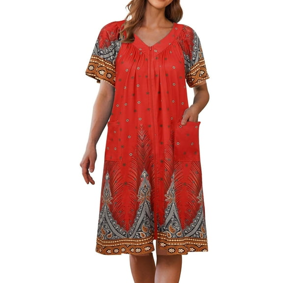 Ekouaer Robe for Women Short Zipper Floral Print Bathrobe Short Sleeve Pleated Neckline Robes Zip Up Comfy Night Gowns Soft Loungewear