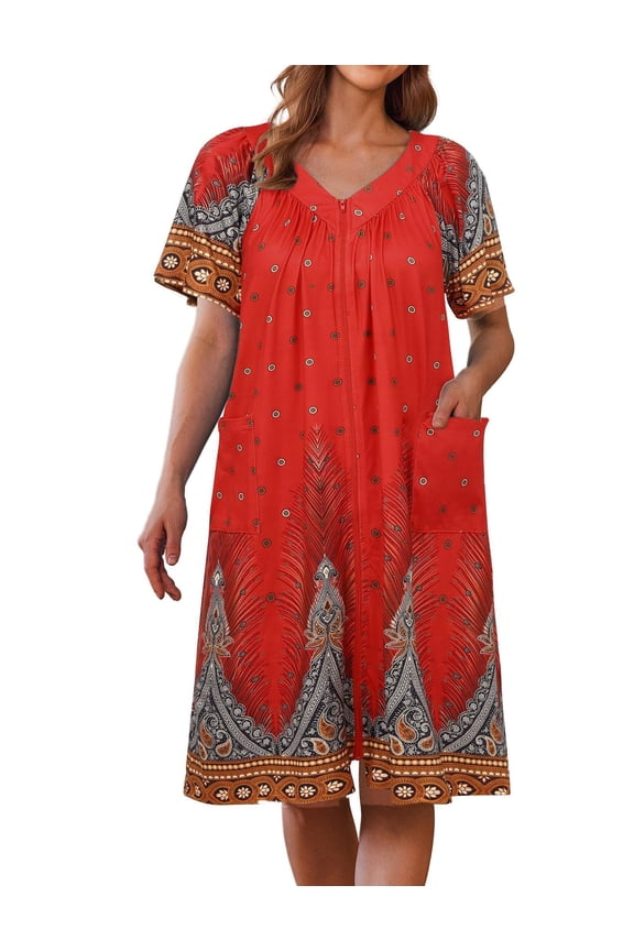 Robe for Women Short Zipper Floral Print Bathrobe Short Sleeve Pleated Neckline Robes Zip Up Comfy Night Gowns Soft Loungewear