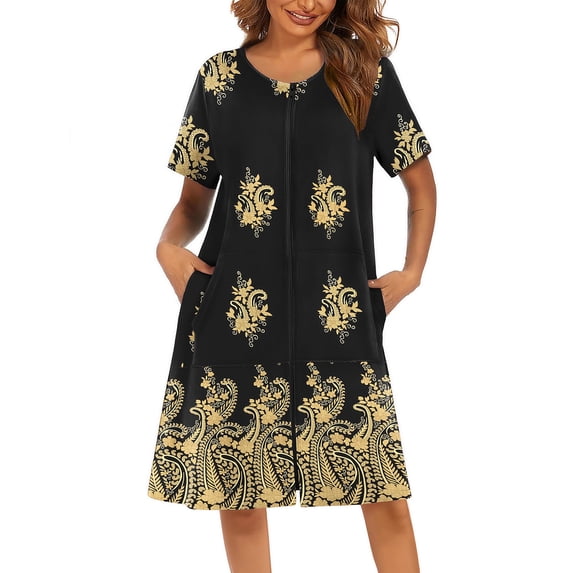 Ekouaer Women Robes Lightweight House Coat Short Sleeve Floral Print Mumu House Dresses with Pockets Zipper Nightgowns