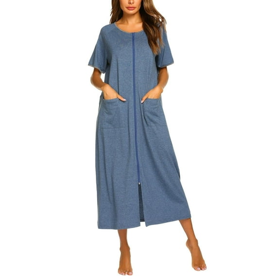 Ekouaer Women Robes Zipper Front Short Sleeve Full Length Housecoat with Pockets Loungewear