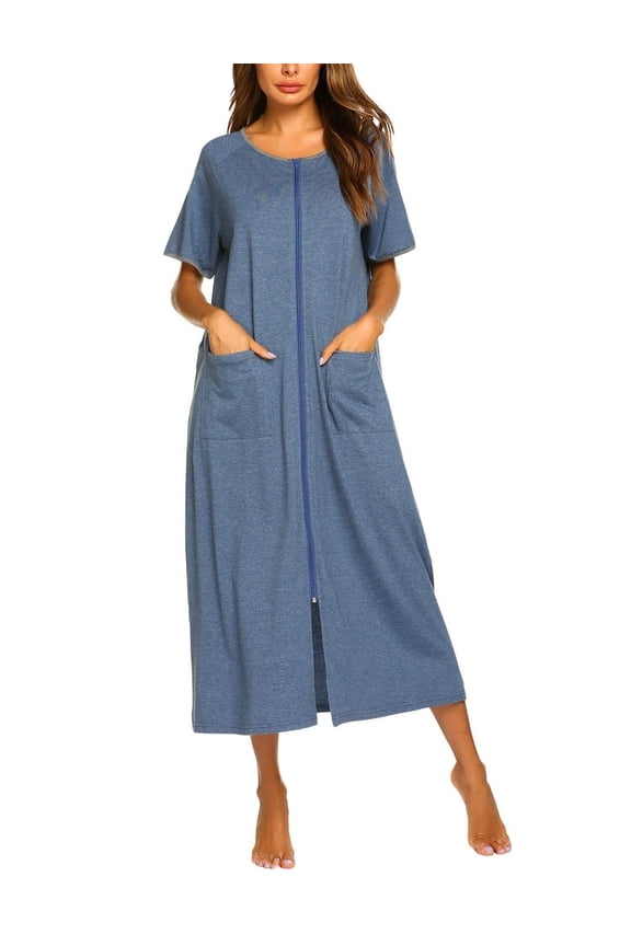 Women Robes Zipper Front Short Sleeve Full Length Housecoat with Pockets Loungewear