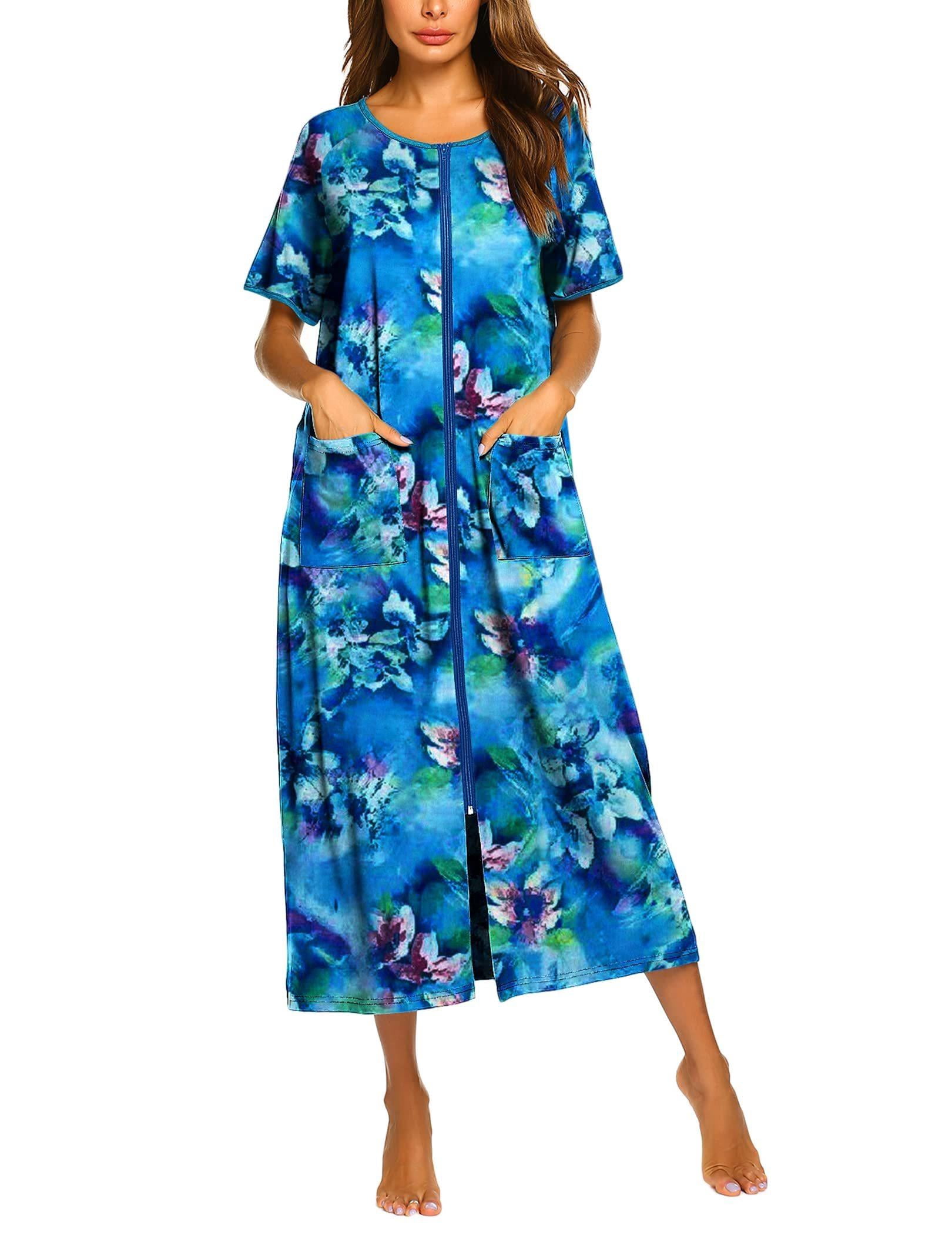 Ekouaer Women Robes Zipper Front Short Sleeve Full Length Housecoat ...