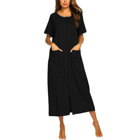 Ekouaer Women Robes Zipper Front Short Sleeve Full Length Housecoat with Pockets Loungewear