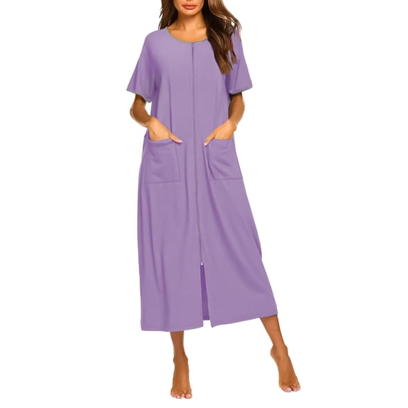 Ekouaer Women Robes Zipper Front Short Sleeve Full Length Housecoat with Pockets Loungewear