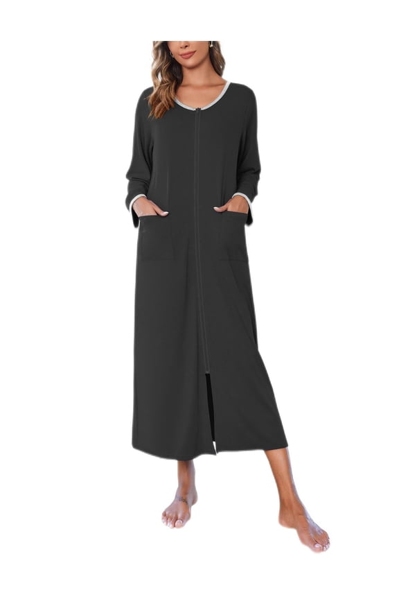 Women Robes Zipper Front Short Sleeve Full Length Housecoat with Pockets Loungewear