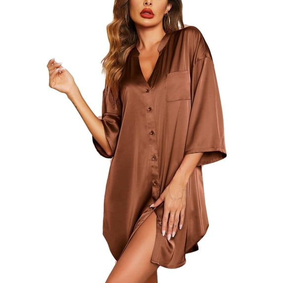 Ekouaer Women Satin Nightgowns Button Down Sleep Shirt 3/4 Sleeve Silk Nightshirts V Neck Nightwear
