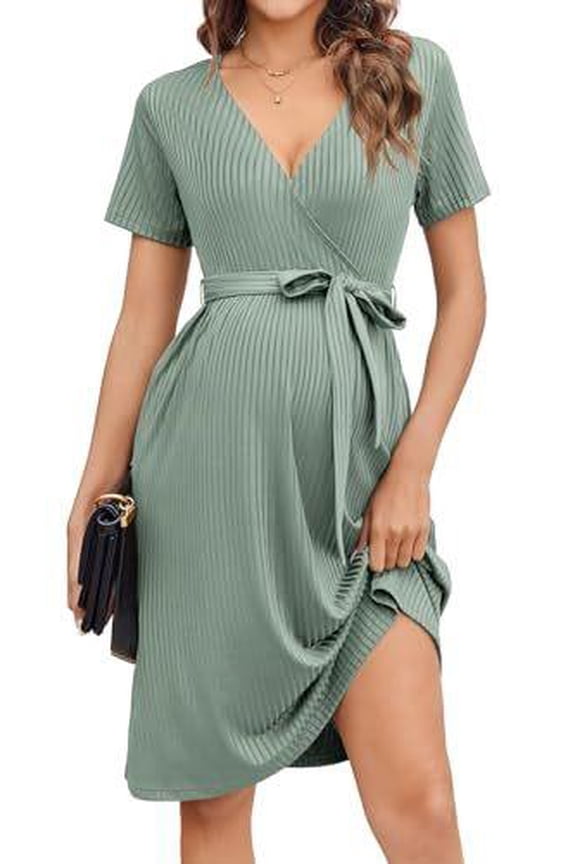 Women Short Sleeve Maternity Nursing Dress Casual V Neck Breastfeeding Loungewear Ribbed Knit Pregnancy Dresses
