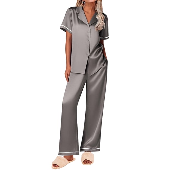 Ekouaer Women' Silk Pajamas Set Short Sleeve Satin Pjs 2 Piece Soft Loungewear with Pants Button Down Sleepwear