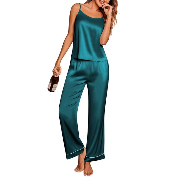 Ekouaer Women Silk Satin Pajamas Sleeveless Pjs Set 2 Piece Summer Loungewear Sleepwear with Pockets