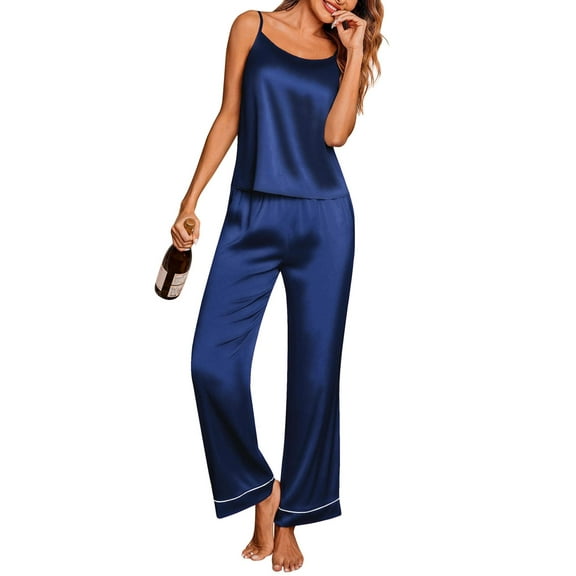 Ekouaer Women Silk Satin Pajamas Sleeveless Pjs Set 2 Piece Summer Loungewear Sleepwear with Pockets