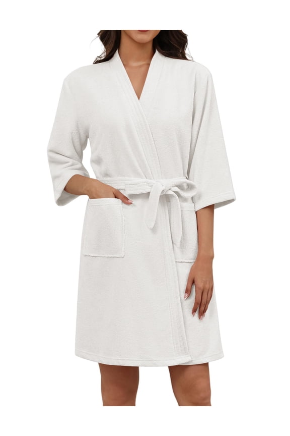 Women Terry Cloth Robes Absorbent Towel Robe Knee Length Soft Bathrobe 3/4 Sleeve Spa Robe with Pockets -