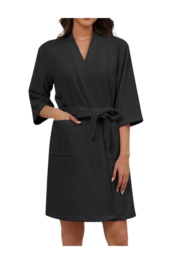 Women Terry Cloth Robes Absorbent Towel Robe Knee Length Soft Bathrobe 3/4 Sleeve Spa Robe with Pockets -