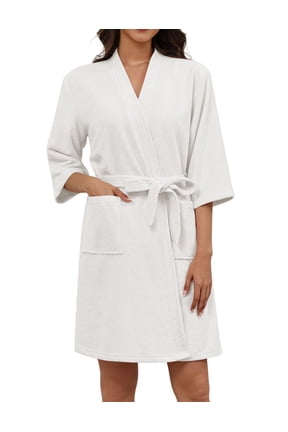 Women Terry Cloth Robes Absorbent Towel Robe Knee Length Soft Bathrobe 3/4 Sleeve Spa Robe with Pockets -