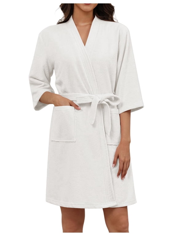 Women Terry Cloth Robes Absorbent Towel Robe Knee Length Soft Bathrobe 3/4 Sleeve Spa Robe with Pockets -