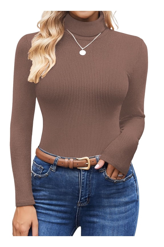 Women' Turtleneck Shirts Ribbed Knit Pullover Sweater Long Sleeves Tops Midweight Thermal Underwear Tees Light Brown