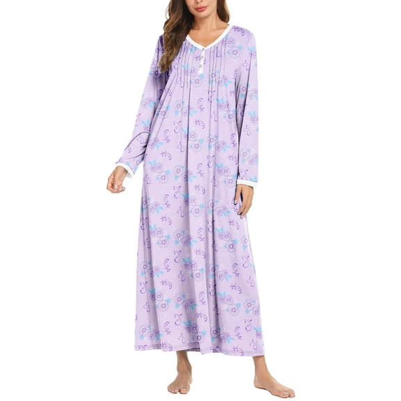 Ekouaer Women Ultra Soft Nightgown Long Sleeve V Neck Sleepwear Henley Button Down Night Shirt