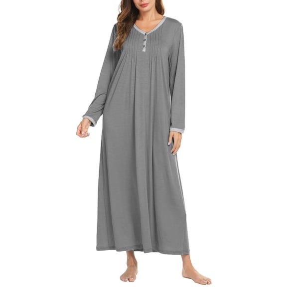 Ekouaer Women Ultra Soft Nightgown Long Sleeve V Neck Sleepwear Henley Button Down Night Shirt