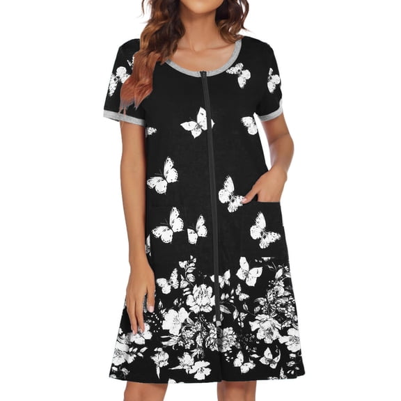 Ekouaer Women Zipper Front House Coat Short Sleeves Robe Zip Up Bathrobes Short Nightgown with Pockets