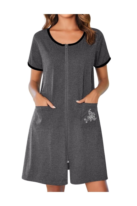 Women Zipper Front House Coat Short Sleeves Robe Zip Up Bathrobes Short Nightgown with Pockets