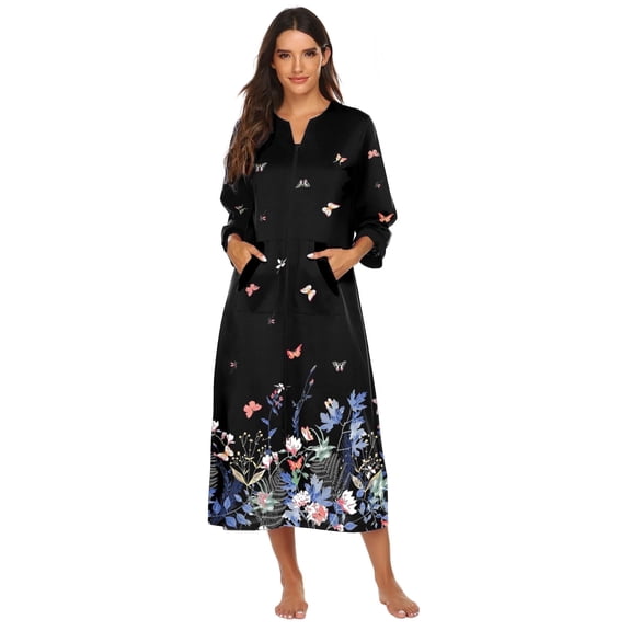 Ekouaer Women Zipper Robe 3/4 Sleeves Loungewear Dress Full Length Sleepwear Pockets Housecoat Nightgown Long Bathrobe