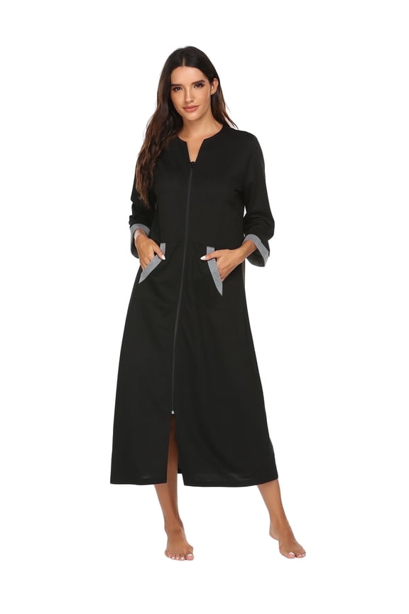 Women Zipper Robe 3/4 Sleeves Loungewear Dress Full Length Sleepwear Pockets Housecoat Nightgown Long Bathrobe