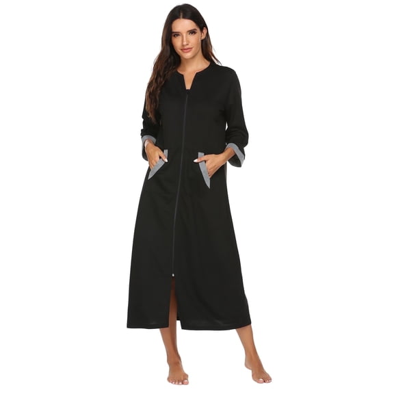 Ekouaer Women Zipper Robe 3/4 Sleeves Loungewear Dress Full Length Sleepwear Pockets Housecoat Nightgown Long Bathrobe