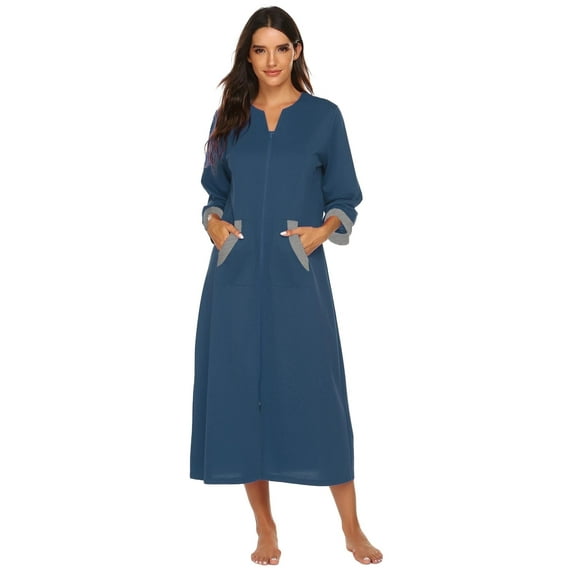 Ekouaer Women Zipper Robe 3/4 Sleeves Loungewear Dress Full Length Sleepwear Pockets Housecoat Nightgown Long Bathrobe