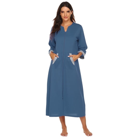 Ekouaer Women Zipper Robe 3/4 Sleeves Loungewear Dress Full Length Sleepwear Pockets Housecoat Nightgown Long Bathrobe