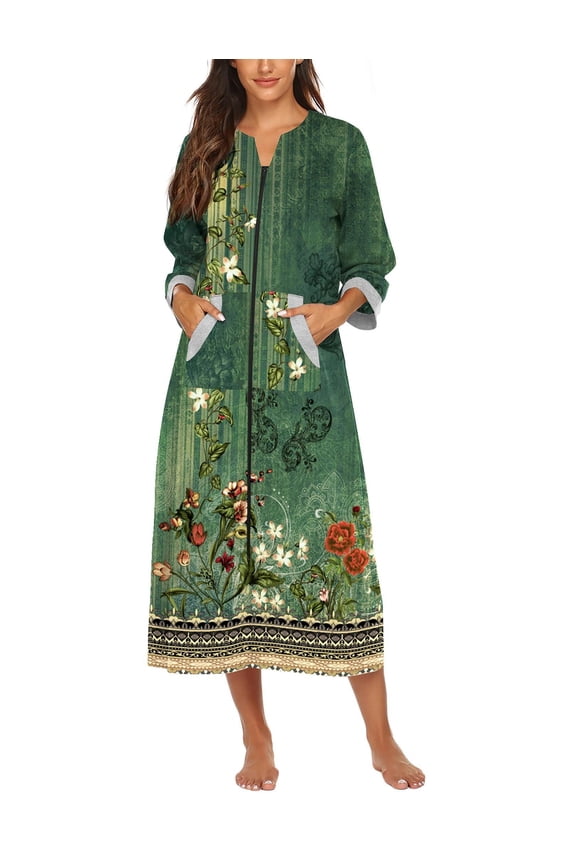 Women Zipper Robe 3/4 Sleeves Loungewear Dress Full Length Sleepwear Pockets Housecoat Nightgown Long Bathrobe