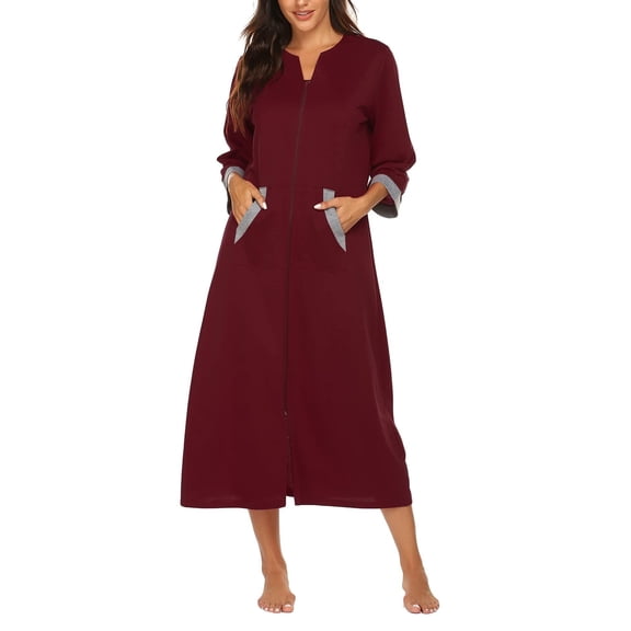 Ekouaer Women Zipper Robe 3/4 Sleeves Loungewear Dress Full Length Sleepwear Pockets Housecoat Nightgown Long Bathrobe