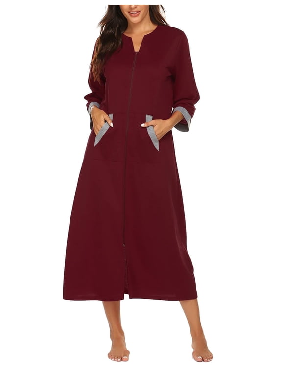 Women Zipper Robe 3/4 Sleeves Loungewear Dress Full Length Sleepwear Pockets Housecoat Nightgown Long Bathrobe