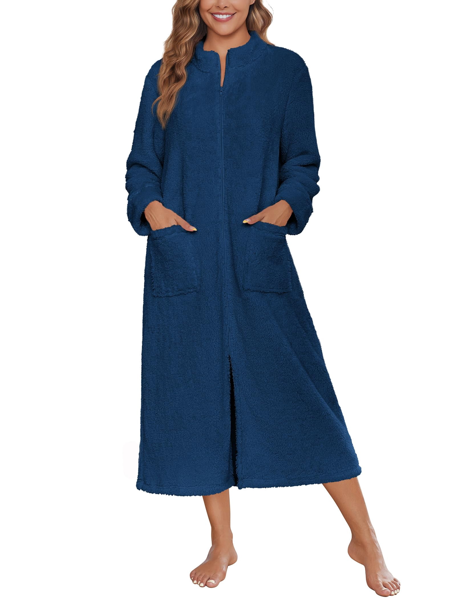 Ekouaer Women Zipper Robe Fleece Long Sleeves Bathrobe Sleepwear Warm ...