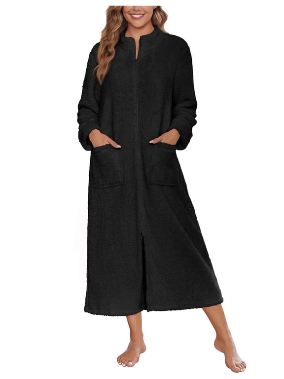 Women Zipper Robe Fleece Long Sleeves Bathrobe Sleepwear Warm Soft Housecoat with Pockets Zip Up House Dresses