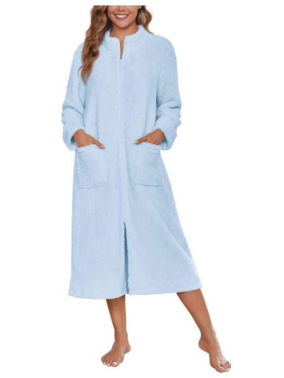 Women Zipper Robe Fleece Long Sleeves Bathrobe Sleepwear Warm Soft Housecoat with Pockets Zip Up House Dresses