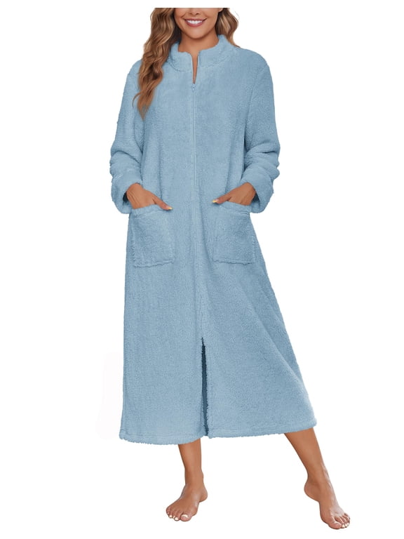 Women Zipper Robe Fleece Long Sleeves Bathrobe Sleepwear Warm Soft Housecoat with Pockets Zip Up House Dresses