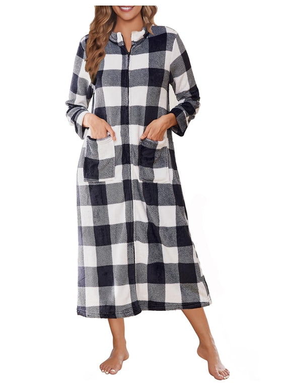 Women Zipper Robe Fleece Long Sleeves Bathrobe Sleepwear Warm Soft Housecoat with Pockets Zip Up House Dresses