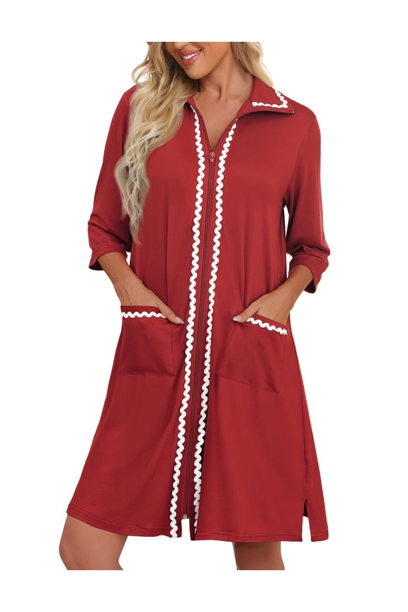 Women Zipper Robe Lightweight House Coat Zipper Front Short Bathrobes Soft Nightgown with Pockets