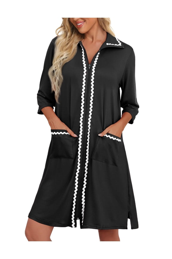 Women Zipper Robe Lightweight House Coat Zipper Front Short Bathrobes Soft Nightgown with Pockets
