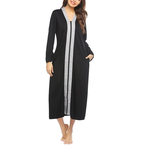 Ekouaer Women Zipper Robe Long Sleeve Loungewear Lightweight Housecoat Full Length Nightgown with Pockets