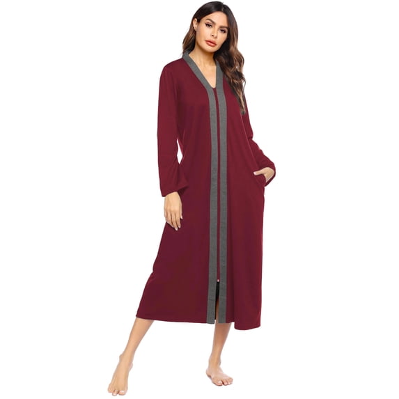 Ekouaer Women Zipper Robe Long Sleeve Loungewear Lightweight Housecoat Full Length Nightgown with Pockets